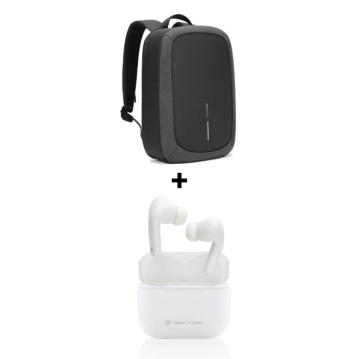 Pachet Cadou Work From Anywhere Rucsac Bobby Edge Negru + Casti Wireless Albe Alamo ANC [1]