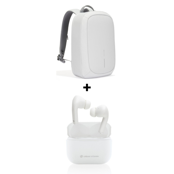 Pachet Cadou Work From Anywhere Rucsac Bobby Gri Deschis + Casti Wireless Albe Alamo ANC [1]