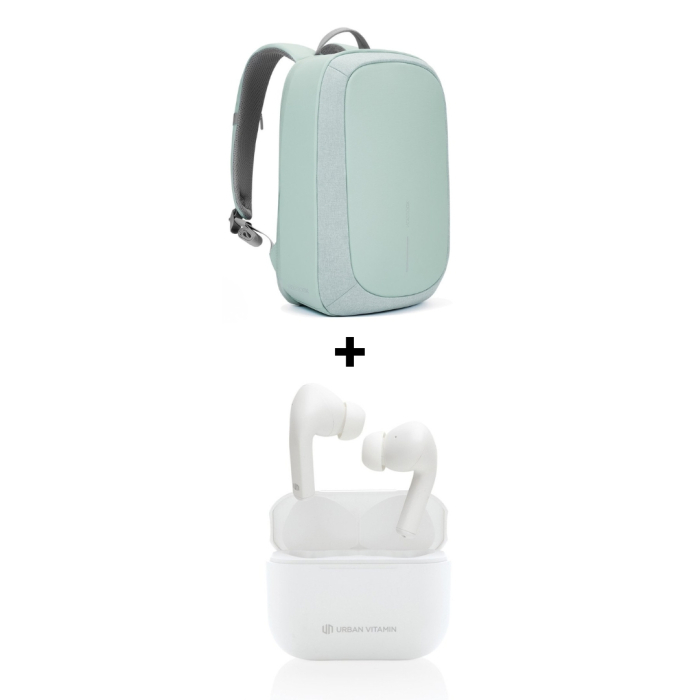 Pachet Cadou Work From Anywhere Rucsac Bobby Verde deschis + Casti Wireless Albe Alamo ANC [1]