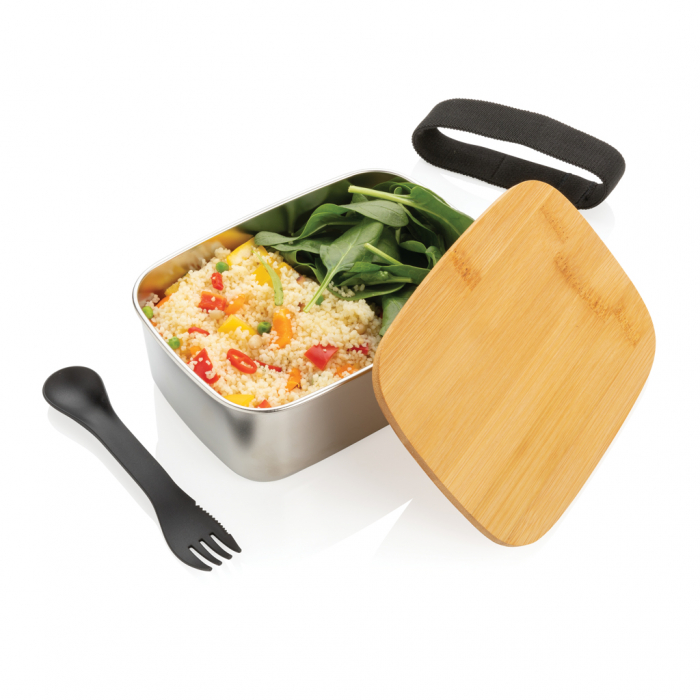 Caserola de pranz din inox, cu capac bambus si spork, 0.9L [3]