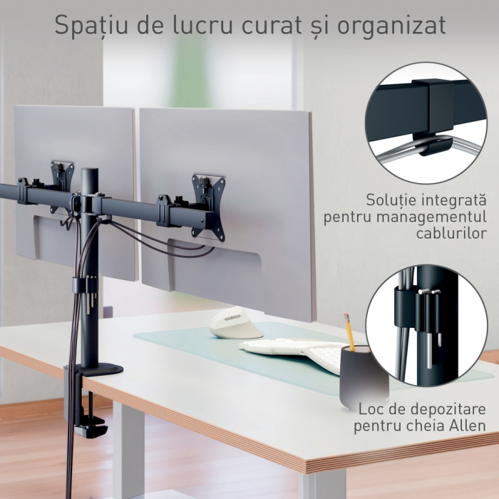 Suport pentru monitor Leitz Ergo, 2 brate ajustabile, cu fixare pe birou, gri-carbune [5]