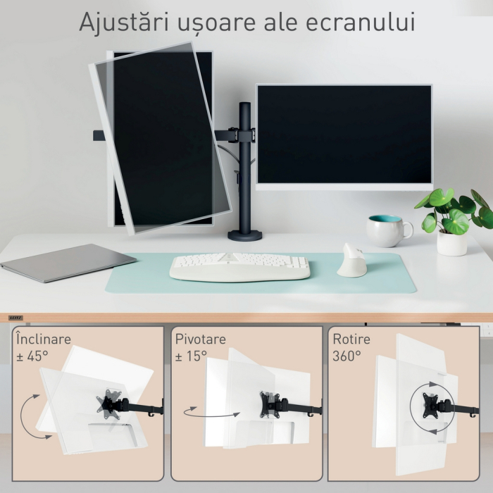 Suport pentru monitor Leitz Ergo, 2 brate ajustabile, cu fixare pe birou, gri-carbune [7]