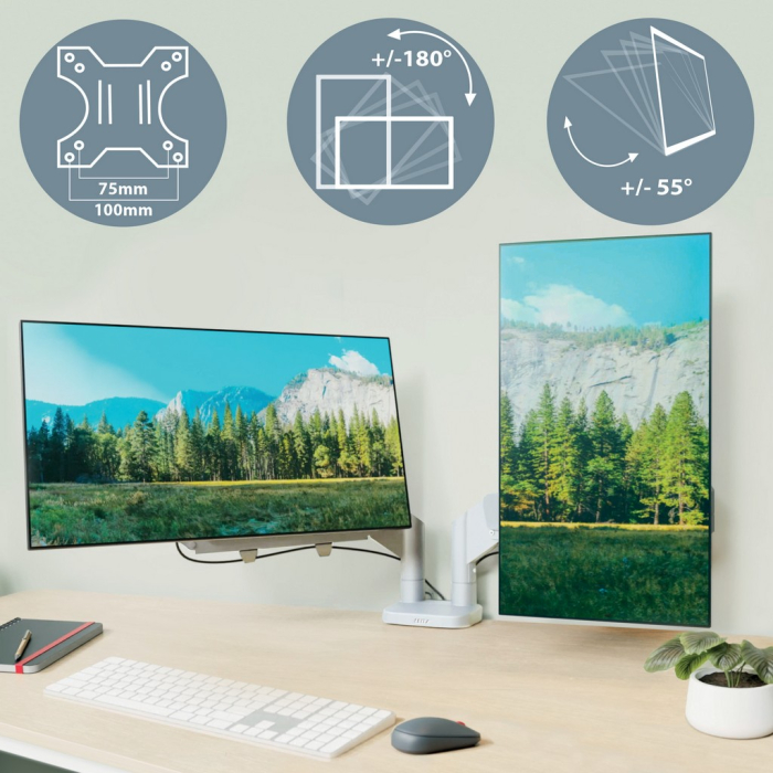 Suport pentru monitor Leitz Ergo, 2 brate ajustabile si extensibile, cu fixare pe birou, gri [12]