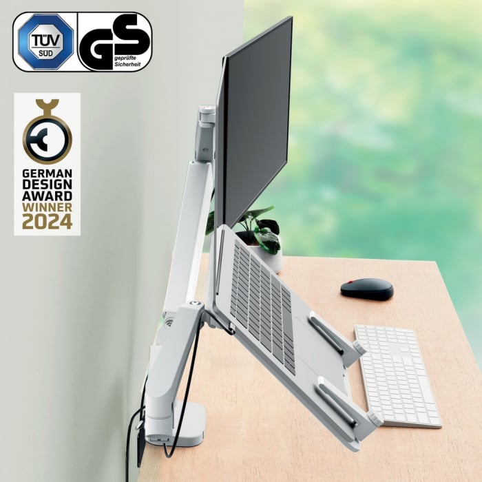 Suport pentru monitor Leitz Ergo, 2 brate ajustabile si extensibile, cu fixare pe birou, suport pentru laptop inclus, gri [2]