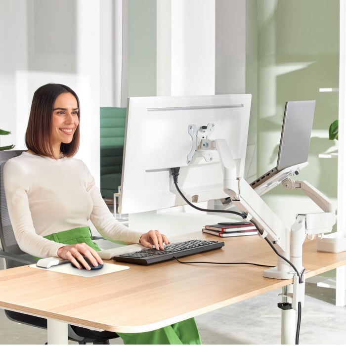 Suport pentru monitor Leitz Ergo, 2 brate ajustabile si extensibile, cu fixare pe birou, suport pentru laptop inclus, gri [11]