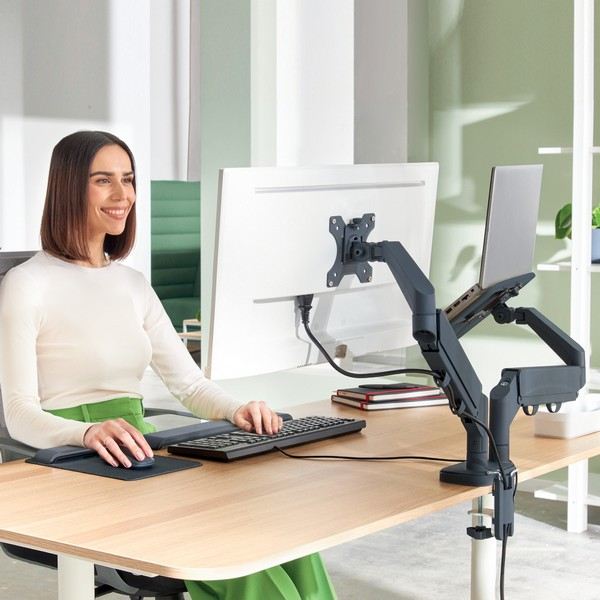 Suport pentru monitor Leitz Ergo, 2 brate ajustabile si extensibile, cu fixare pe birou, suport pentru laptop inclus, gri-carbune [8]