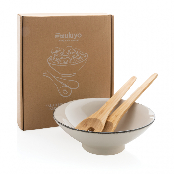 Bol de salata Ukiyo din ceramica cu tacamuri bambus – pictat manual, 25.5 cm [9]
