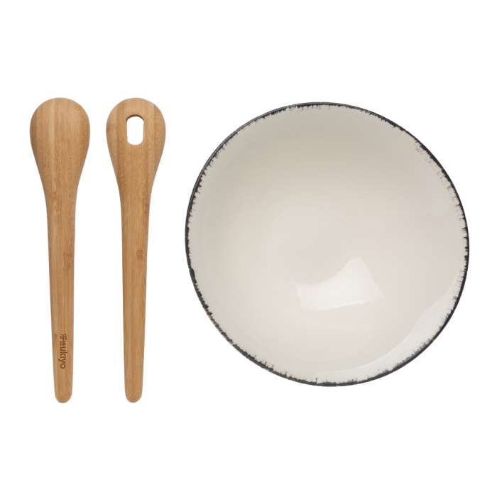 Bol de salata Ukiyo din ceramica cu tacamuri bambus – pictat manual, 25.5 cm [5]