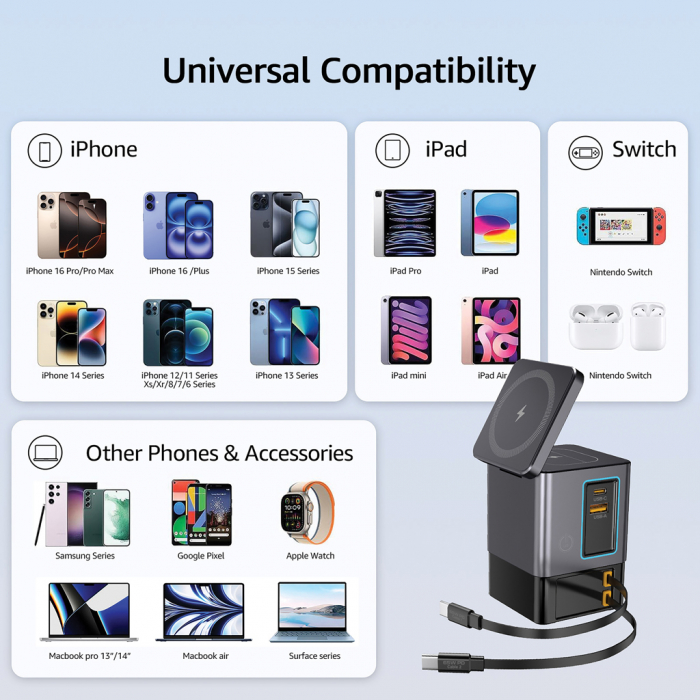 Statie incarcare Urban Vitamin Sacramento 105W GaN, wireless si cabluri retractabile [7]