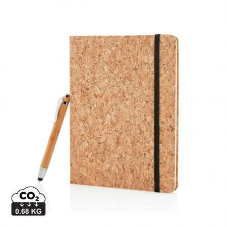 Agende, calendare si organizatoare - Agenda A5 ECO coperta pluta cu dictando crem si pix din bambus cu stylus, personalizabila.