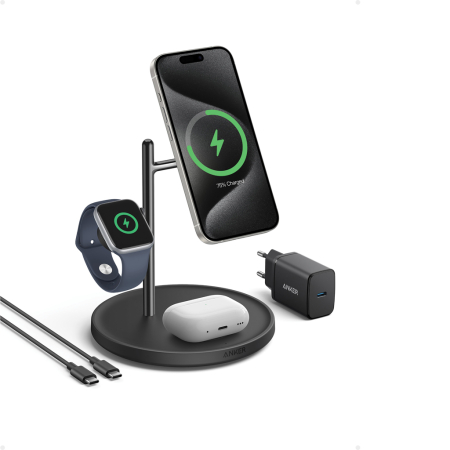 Statie incarcare wireless Anker MagGo 3-in-1, Qi2, MagSafe, 15W, iPhone, Apple Watch si AirPods 3. [3]