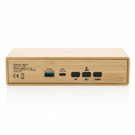 Ceas din bambus cu incarcator wireless 5W si port USB [4]
