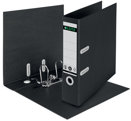 Biblioraft Leitz 180° Recycle, carton, partial reciclat, certificare FSC, reciclabil, A4, 80 mm, negru [1]