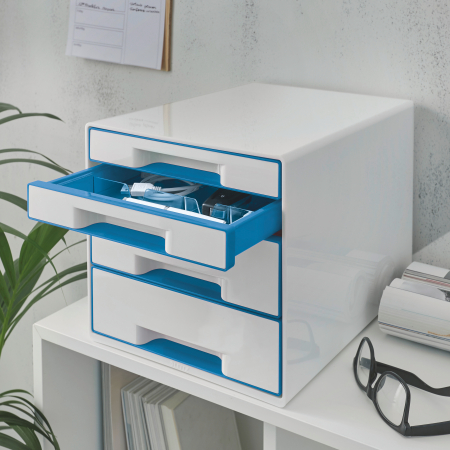 Cabinet cu 4 sertare Leitz WOW cu tavita organizare, alb-albastru [1]