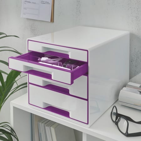 Cabinet cu 4 sertare Leitz WOW cu tavita organizare, alb-mov [1]