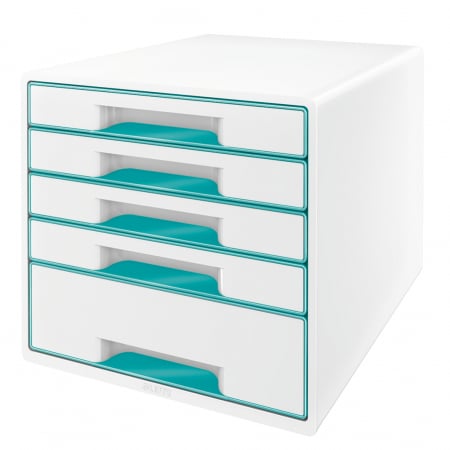Arhivare si depozitare - Cabinet cu 5 sertare Leitz WOW cu tavita organizare, alb-turcoaz