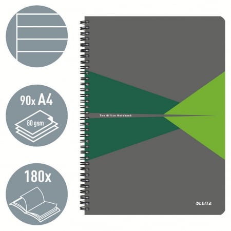 Caiet de birou Leitz Office, carton laminat, certificare FSC, reciclabil, A4, 90 coli, cu spira, dictando, verde [1]