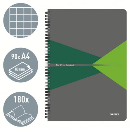 Caiet de birou Leitz Office, carton laminat, certificare FSC, reciclabil, A4, 90 coli, cu spira, matematica, verde [1]