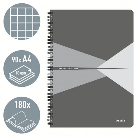 Caiet de birou Leitz Office, carton laminat, certificare FSC, reciclabil, A4, 90 coli, cu spira, matematica, gri [1]