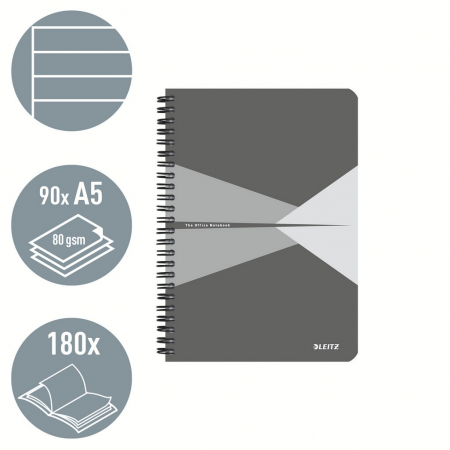 Caiet de birou Leitz Office, carton laminat, certificare FSC, reciclabil, A5, 90 coli, cu spira, dictando, gri [1]