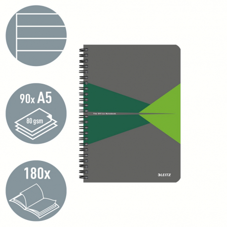 Caiet de birou Leitz Office, carton laminat, certificare FSC, reciclabil, A5, 90 coli, cu spira, dictando, verde [1]