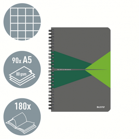 Caiet de birou Leitz Office, carton laminat, certificare FSC, reciclabil, A5, 90 coli, cu spira, matematica, verde [1]