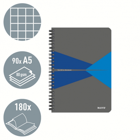 Caiet de birou Leitz Office, carton laminat, certificare FSC, reciclabil, A5, 90 coli, cu spira, matematica, albastru [1]