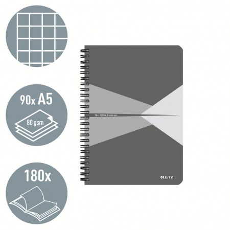 Caiet de birou Leitz Office, carton laminat, certificare FSC, reciclabil, A5, 90 coli, cu spira, matematica, gri [1]