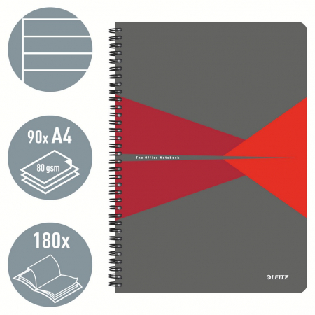 Caiet de birou Leitz Office, PP, certificare FSC, reciclabil, A4, 90 coli, cu spira, dictando, rosu [1]