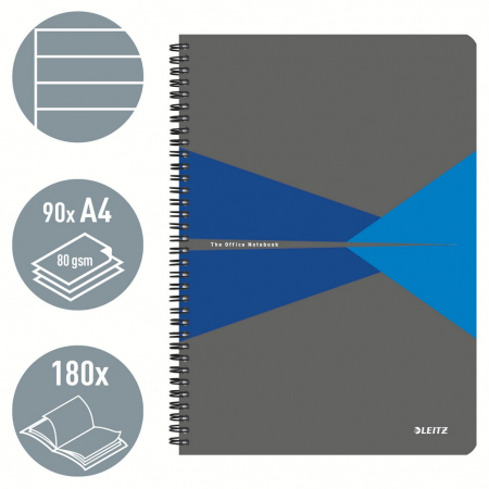 Caiet de birou Leitz Office, PP, certificare FSC, reciclabil, A4, 90 coli, cu spira, dictando, albastru [1]