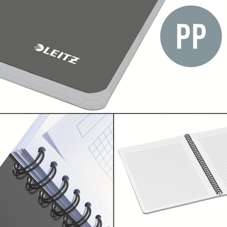Caiet de birou Leitz Office, PP, certificare FSC, reciclabil, A4, 90 coli, cu spira, matematica, albastru [2]