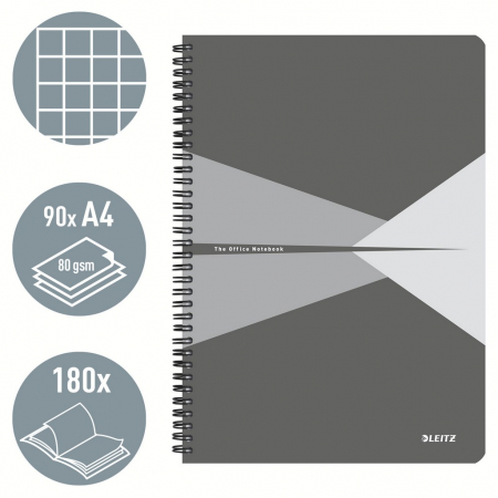 Caiet de birou Leitz Office, PP, certificare FSC, reciclabil, A4, 90 coli, cu spira, matematica, gri [1]