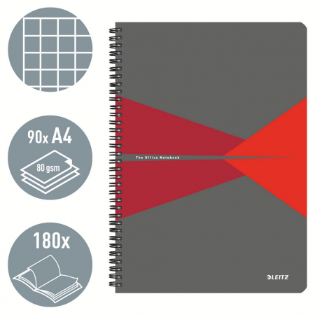 Caiet de birou Leitz Office, PP, certificare FSC, reciclabil, A4, 90 coli, cu spira, matematica, rosu [1]