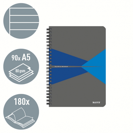 Caiet de birou Leitz Office, PP, certificare FSC, reciclabil, A5, 90 coli, cu spira, dictando, albastru [1]