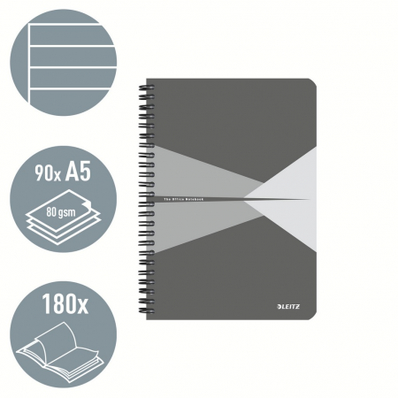 Caiet de birou Leitz Office, PP, certificare FSC, reciclabil, A5, 90 coli, cu spira, dictando, gri [1]