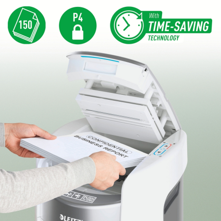 Distrugator documente automat Leitz OptiMax Home Office, P4, cross-cut (confeti), 150 coli, cos 15L, alb-gri [7]