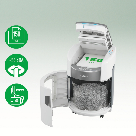 Distrugator documente automat Leitz OptiMax Home Office, P5, micro-cut (particule), 150 coli, cos 15L, alb-gri [3]