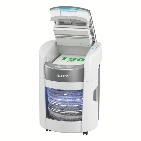 Distrugatoare documente - Distrugator documente automat Leitz OptiMax Home Office, P5, micro-cut (particule), 150 coli, cos 15L, alb-gri