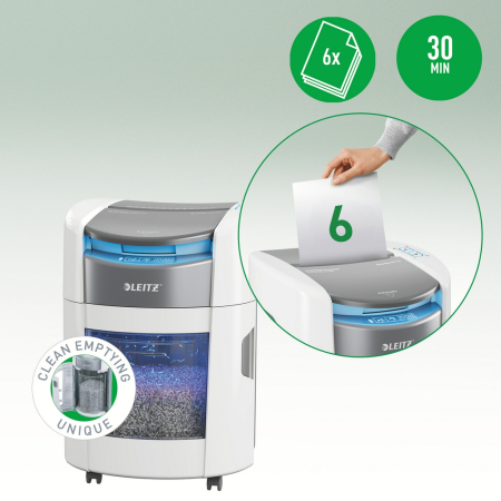 Distrugator documente automat Leitz OptiMax Home Office, P5, micro-cut (particule), 150 coli, cos 15L, alb-gri [5]