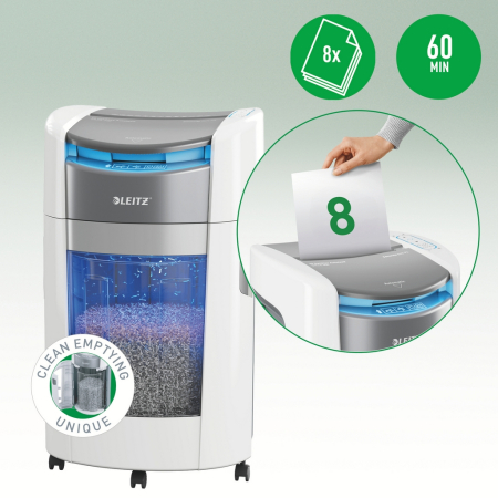 Distrugator documente automat Leitz OptiMax Office, P5, micro-cut (particule), 300 coli, cos 25L alb-gri [5]