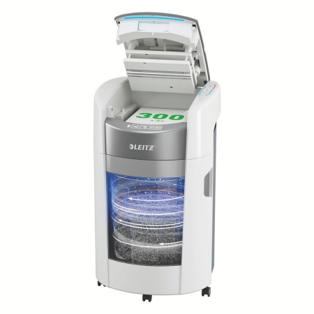 Distrugatoare documente - Distrugator documente automat Leitz OptiMax Office, P5, micro-cut (particule), 300 coli, cos 25L alb-gri