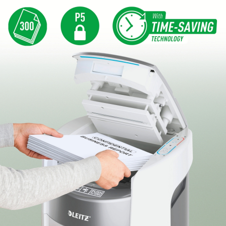 Distrugator documente automat Leitz OptiMax Office, P5, micro-cut (particule), 300 coli, cos 25L alb-gri [1]