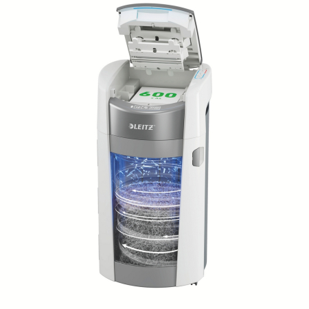 Distrugatoare documente - Distrugator documente automat Leitz OptiMax Office Pro, P5, Micro-cut (particule), 600 coli, cos 50L, alb-gri