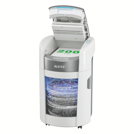 Distrugatoare documente - Distrugator documente automat Leitz OptiMax Small Office, P5, micro-cut (particule), 200 coli, cos 21L, alb-gri