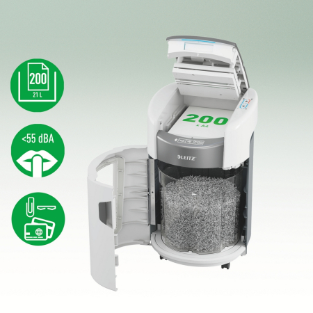 Distrugator documente automat Leitz OptiMax Small Office, P5, micro-cut (particule), 200 coli, cos 21L, alb-gri [3]