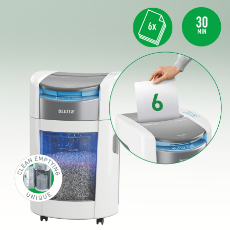 Distrugator documente automat Leitz OptiMax Small Office, P5, micro-cut (particule), 200 coli, cos 21L, alb-gri [5]