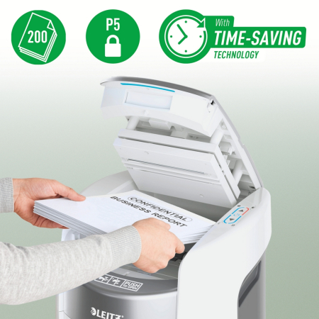Distrugator documente automat Leitz OptiMax Small Office, P5, micro-cut (particule), 200 coli, cos 21L, alb-gri [1]