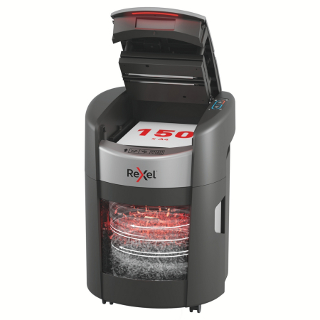 Distrugatoare documente - Distrugator documente automat REXEL SHREDMAX 150M, P5, micro-cut (particule), 150 coli, cos 15L, negru-gri
