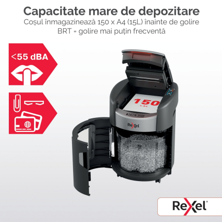 Distrugator documente automat REXEL SHREDMAX 150X, P4, cross-cut (confeti), 150 coli, cos 15L, negru-gri [8]