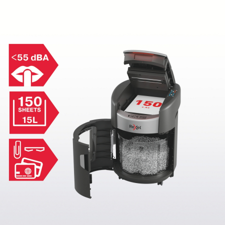 Distrugator documente automat REXEL SHREDMAX 150X, P4, cross-cut (confeti), 150 coli, cos 15L, negru-gri [2]